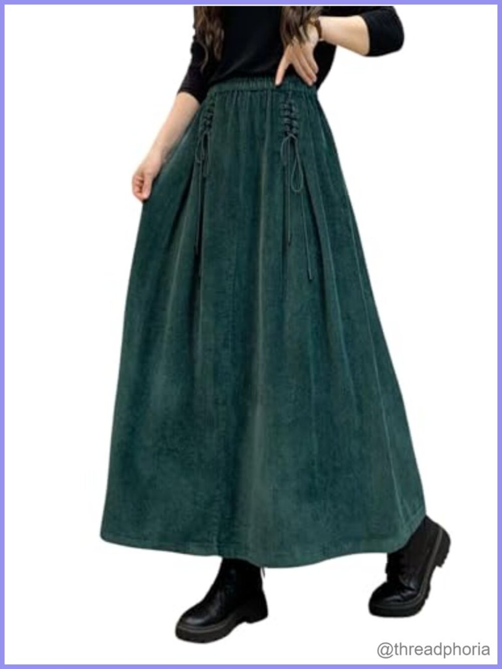 Corduroy Maxi Skirt Elastic High Waist Drawstring Tie A-Line Pleated Long